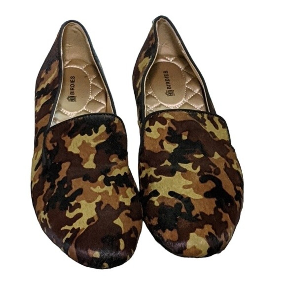 Birdies The Starling Flat in Hair calf upper camo print loafer, slip on  size 9